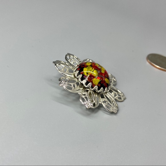 Vintage Faux Opal Silver Filigree Brooch - Picture 10 of 11